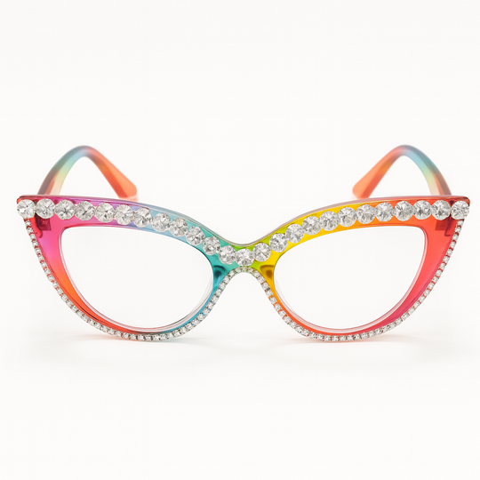 Rainbow Rhinestone Cat-Eye Glasses – Colorful Party Eyewear with Crystal Embellishments