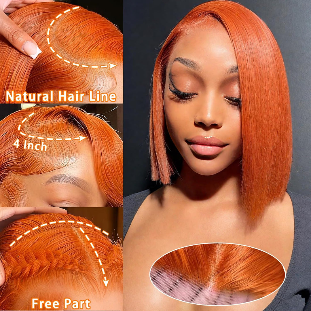 14" Short Straight Ginger Bob Wig | 13x4 Human Hair Lace Front | 180% Density Pre-Plucked