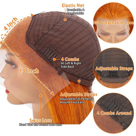 14" Short Straight Ginger Bob Wig | 13x4 Human Hair Lace Front | 180% Density Pre-Plucked