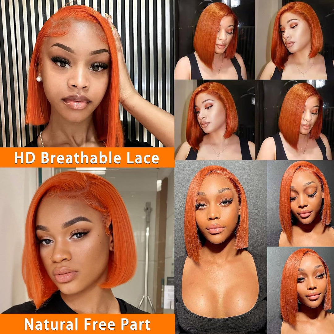 14" Short Straight Ginger Bob Wig | 13x4 Human Hair Lace Front | 180% Density Pre-Plucked