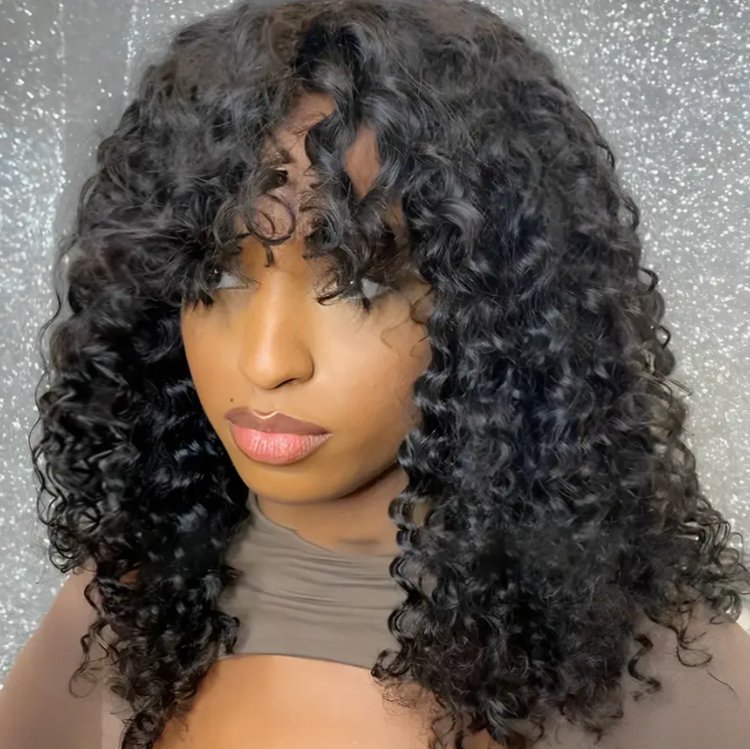 Jerry Curly Human Hair Wigs With Bangs Full Machine Made Wear And Go Wigs