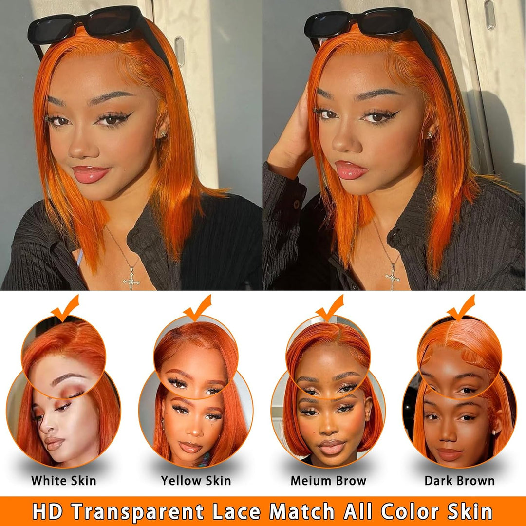 14" Short Straight Ginger Bob Wig | 13x4 Human Hair Lace Front | 180% Density Pre-Plucked