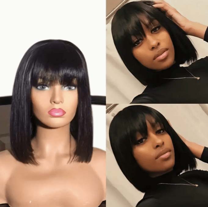 Short Straight Human Hair Wigs with Bangs Natural Color Glueless - Full Machine Made - Human Hair Wigs (6-14 inch)