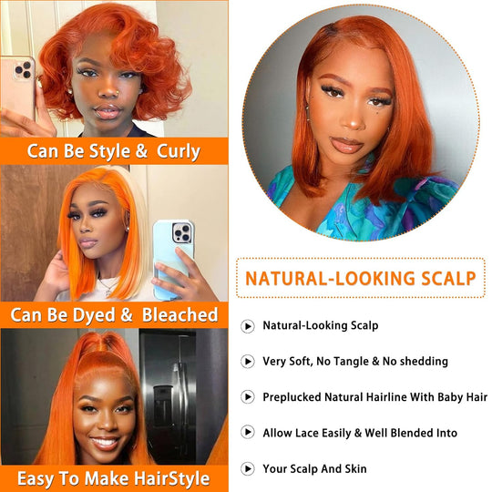 14" Short Straight Ginger Bob Wig | 13x4 Human Hair Lace Front | 180% Density Pre-Plucked
