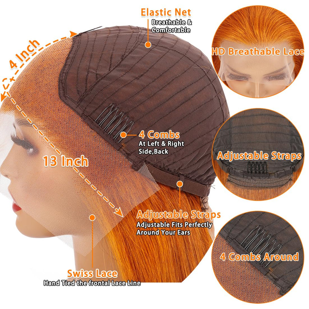 14" Short Straight Ginger Bob Wig | 13x4 Human Hair Lace Front | 180% Density Pre-Plucked